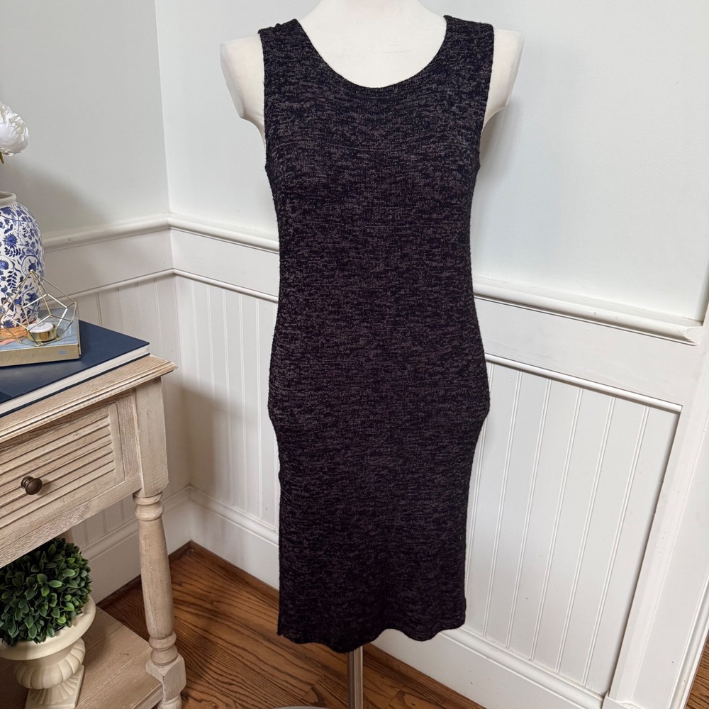 Garnet Hill Womens XS Marled Knit Sleeveless Midi Sheath Dress Grey Black Slit